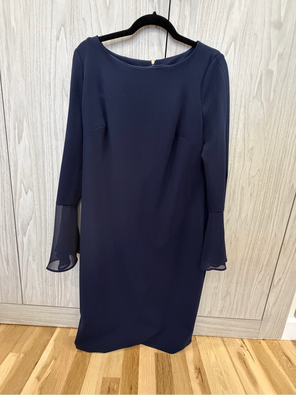 Calvin Klein Navy Long-Sleeve Shift Dress with Sheer Cuffs